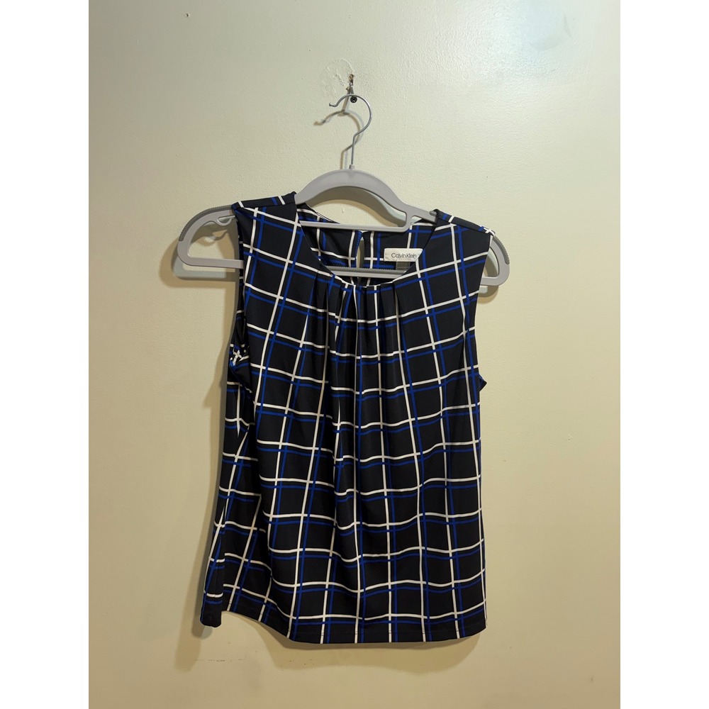 Calvin Klein Petite Sleeveless Pleated Neck Grid Print Shell Top Black Blue PS